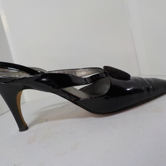 VIA SPIGA, Black Patent Leather, Sling Back Pumps with Suede Button Accent - Picture 2 of 11